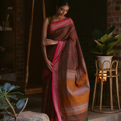 Brown Handloom Kanchi Cotton Saree With Diamond Motifs