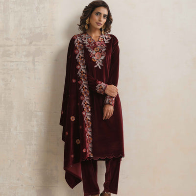 trueBrowns Maroon Velvet Floral Embroidered Kurta Pant Dupatta Set
