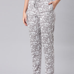 Women Printed Grey Cotton Knit Lounge Pants