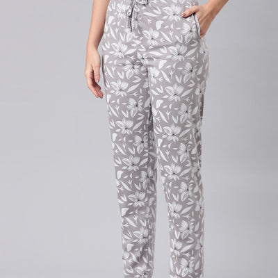 Women Printed Grey Cotton Knit Lounge Pants