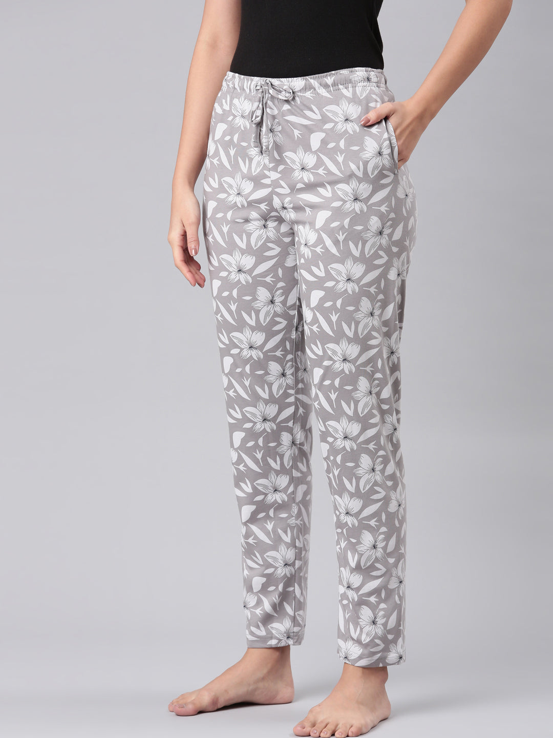 Women Printed Grey Cotton Knit Lounge Pants