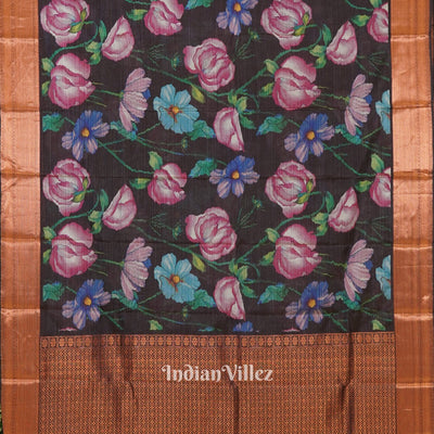 Black Pink Floral Digital Print Kanjivaram Silk Saree