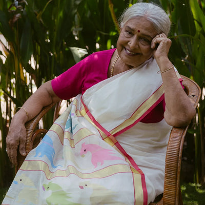 Off White Handloom Venkatagiri Cotton Saree With Jamdani Parrot Meenakari Motifs