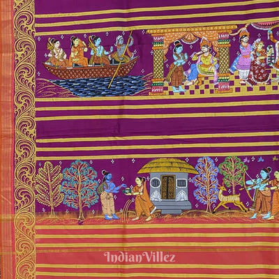 Deep Maroon Ramayan Theme Hand-Painted Pattachitra Saree