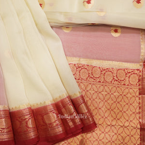 Off White Red Designer Kora Oraganza Banarasi Saree