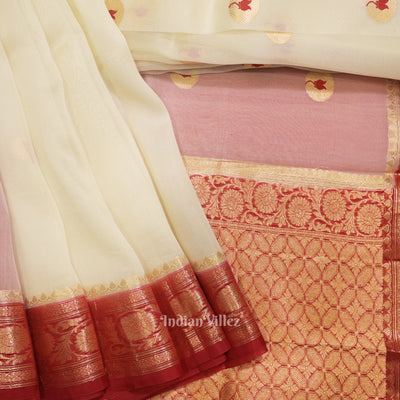 Off White Red Designer Kora Oraganza Banarasi Saree