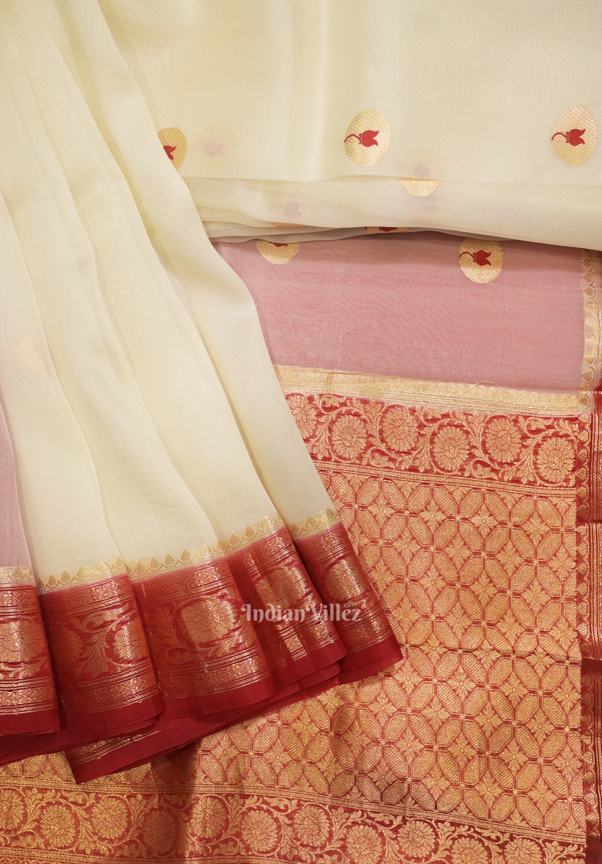 Off White Red Designer Kora Oraganza Banarasi Saree