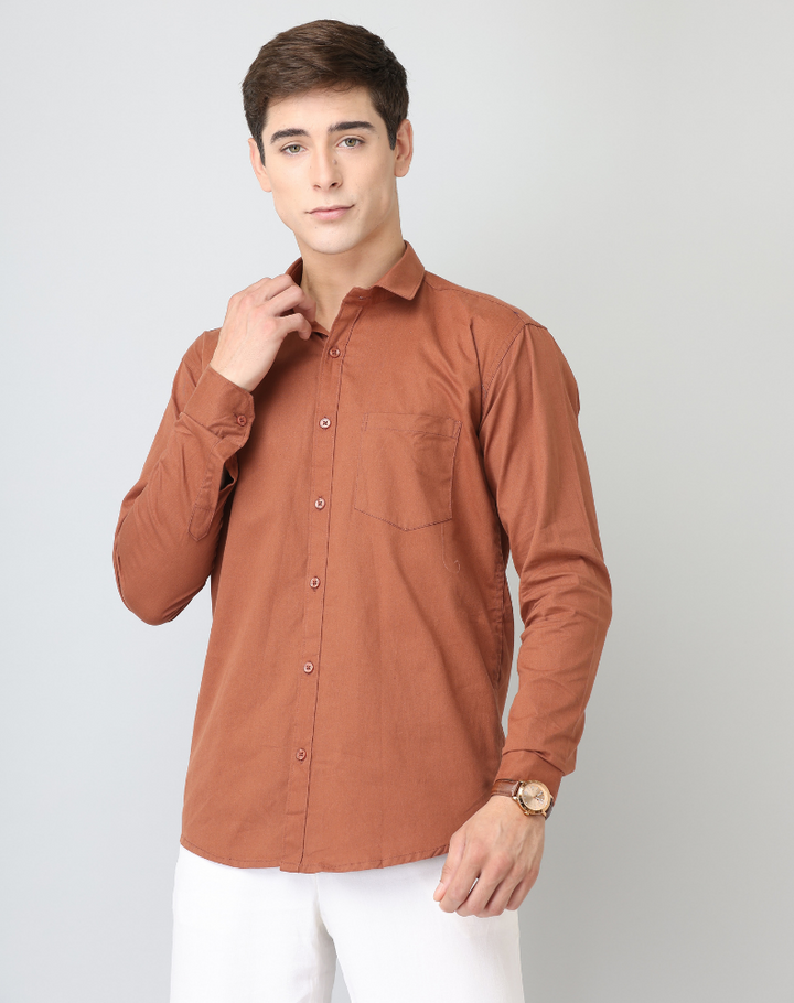 Frankshirt Men Dusty Brown Solid Tailored Fit Cotton Casual Shirt