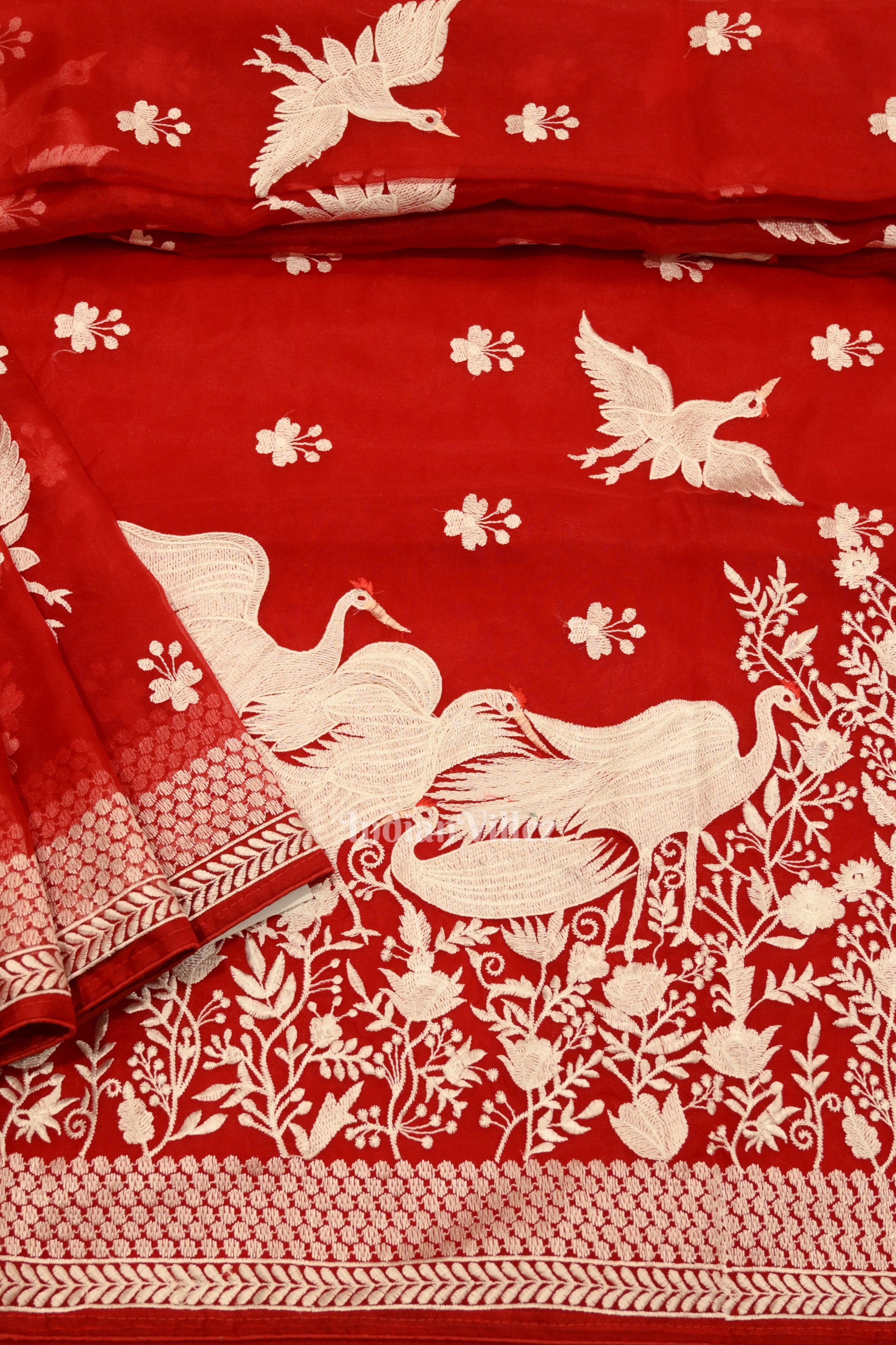 Red Parsi Gara Floral Motif Hand Embroidered Saree