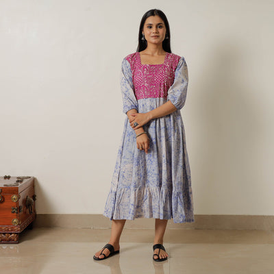 Blue - Hand Batik Printed Cotton Flared Dress 03