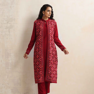 trueBrowns Maroon Kashmiri Woollen Jacket 3pc Set