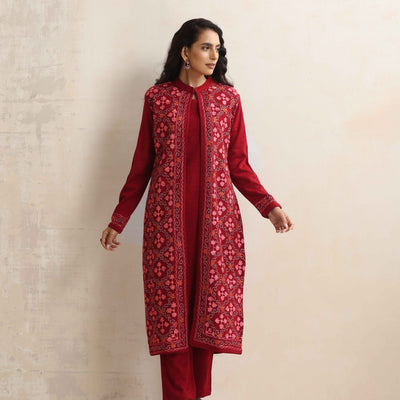 trueBrowns Maroon Kashmiri Woollen Jacket 3pc Set