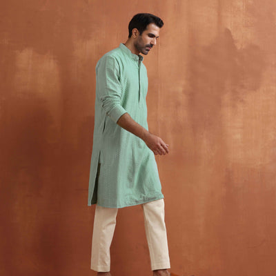 trueBrowns Men's Green Cotton Dobby Kurta