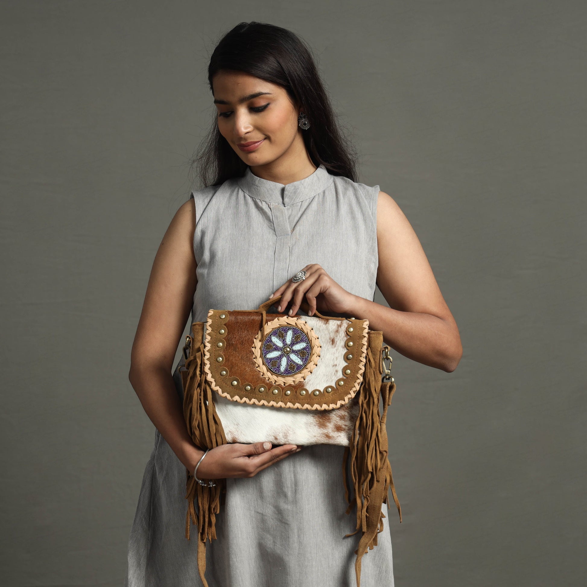 Brown - Handcrafted Fur Leather Fringe Sling Bag with Blue Stone