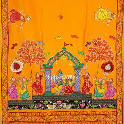 Yellow Krishna Rasa Leela Theme Hand-Painted Pattachitra Saree