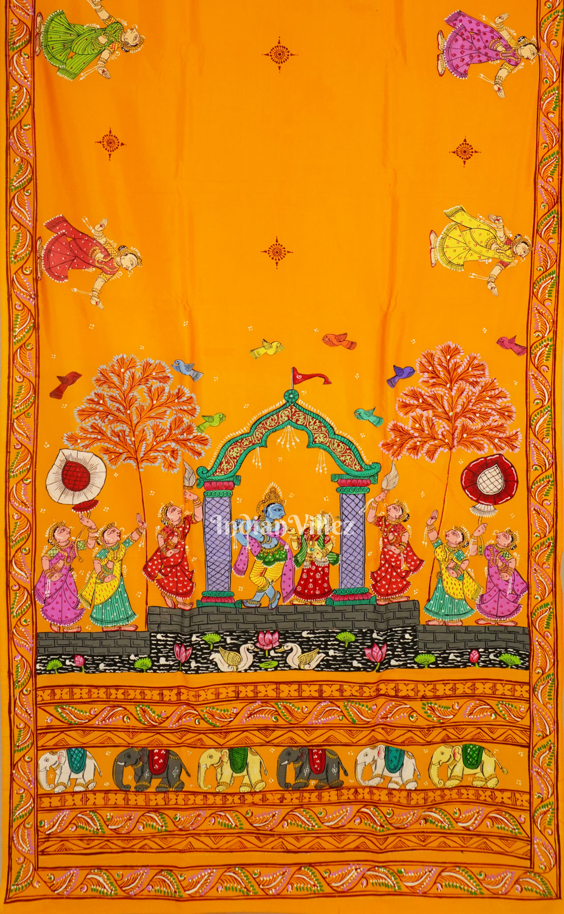 Yellow Krishna Rasa Leela Theme Hand-Painted Pattachitra Saree