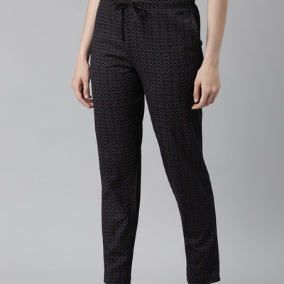 Women Printed Black Mid Rise Cotton Knit Lounge Pants