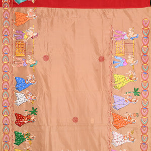 Golden  Red Boita Theme Hand-Painted Pattachitra Saree