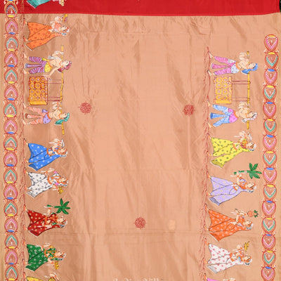 Golden  Red Boita Theme Hand-Painted Pattachitra Saree