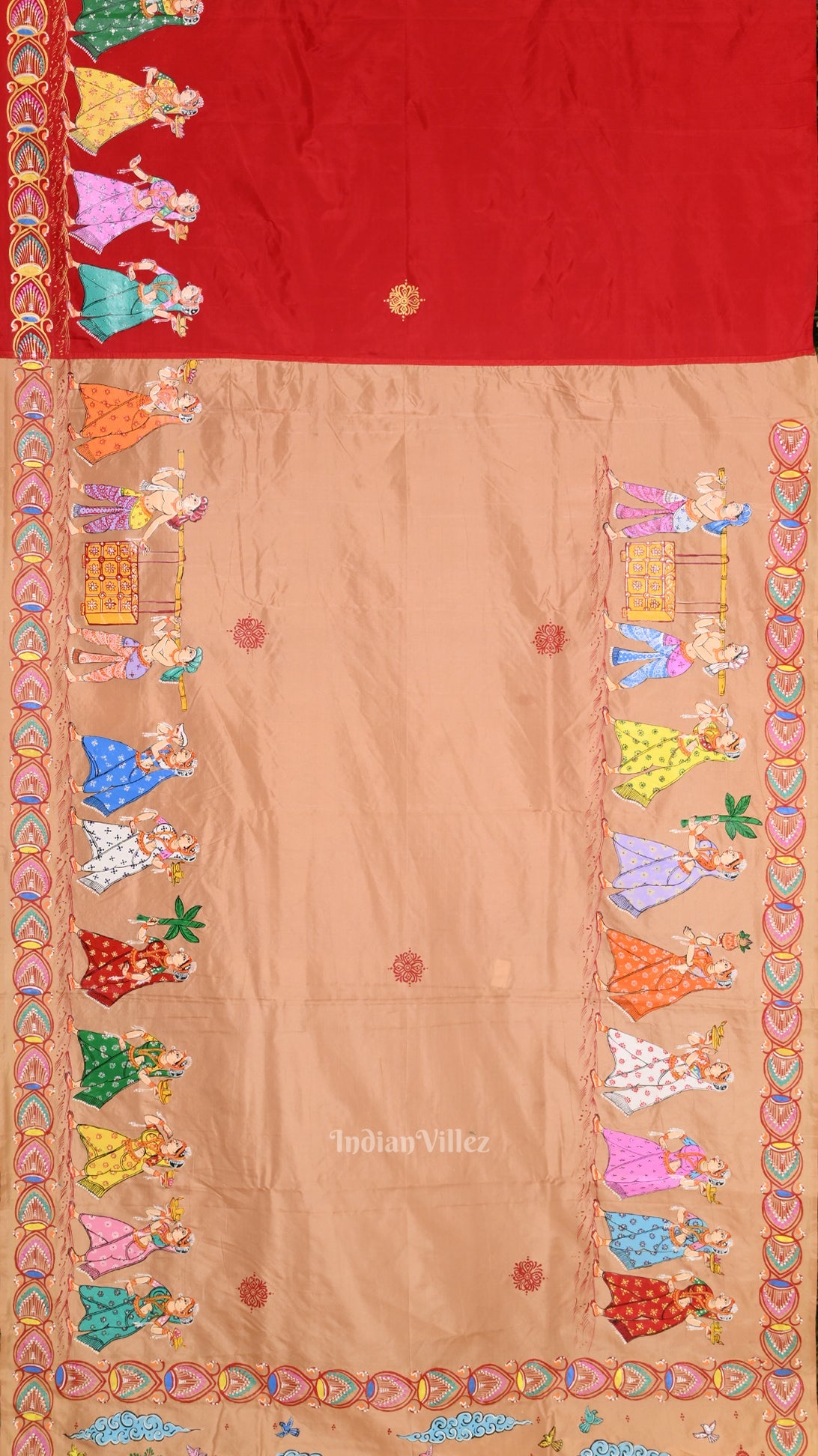 Golden  Red Boita Theme Hand-Painted Pattachitra Saree