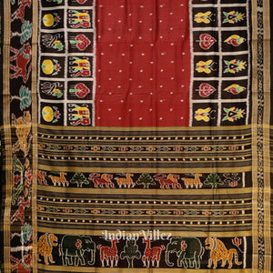 Red Black Nabakothi Odisha Ikat Khandua Silk Saree With Animal Theme
