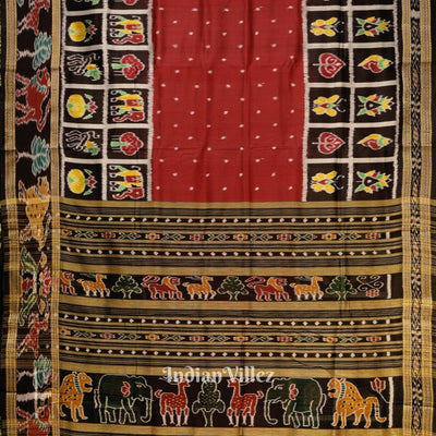 Red Black Nabakothi Odisha Ikat Khandua Silk Saree With Animal Theme