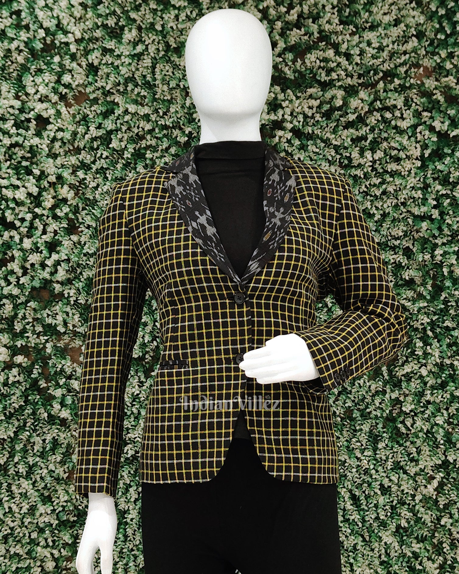Black Yellow Kotpad Odisha Ikat Women's Designer Blazer