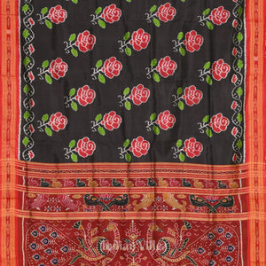 Black Red Rose Flower Theme Khandua Silk Saree
