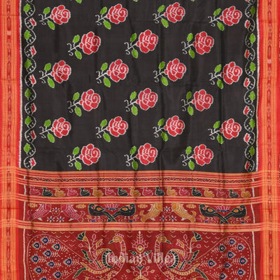 Black Red Rose Flower Theme Khandua Silk Saree