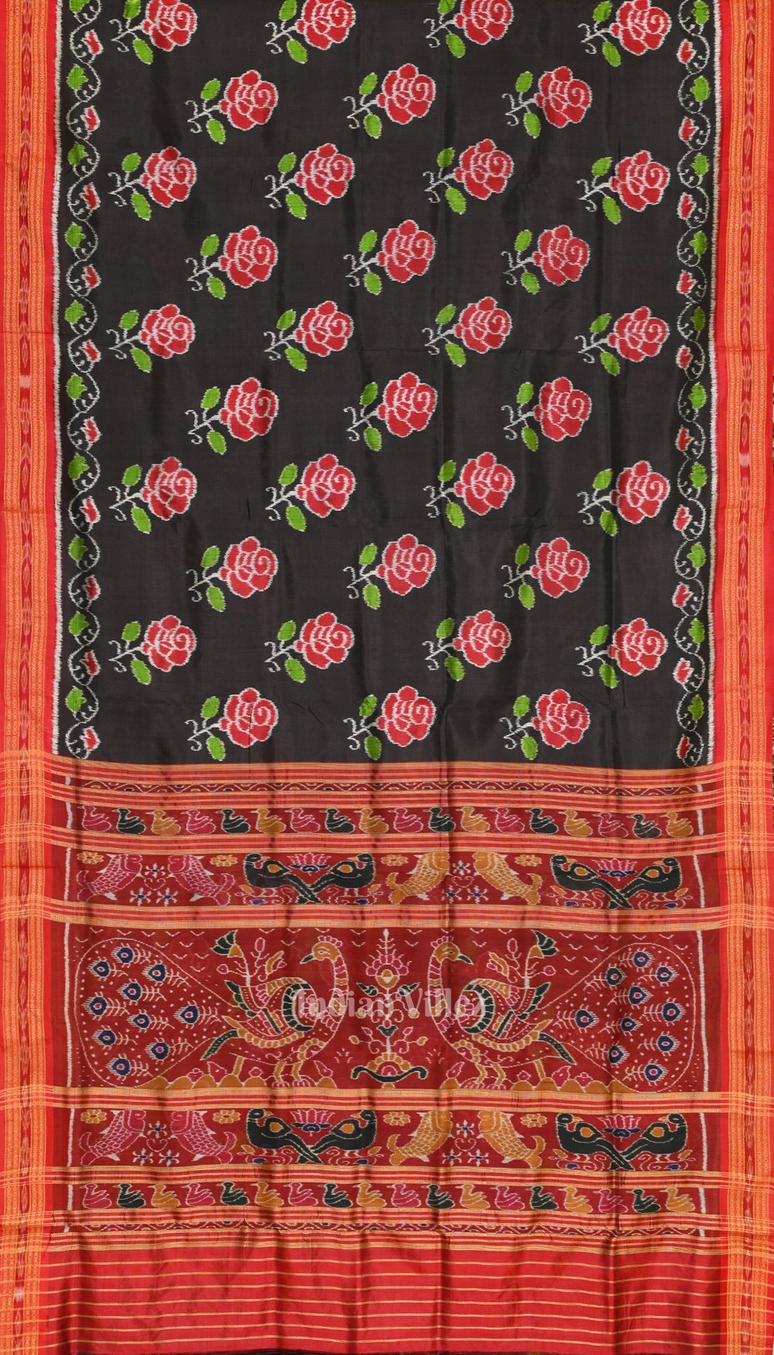 Black Red Rose Flower Theme Khandua Silk Saree