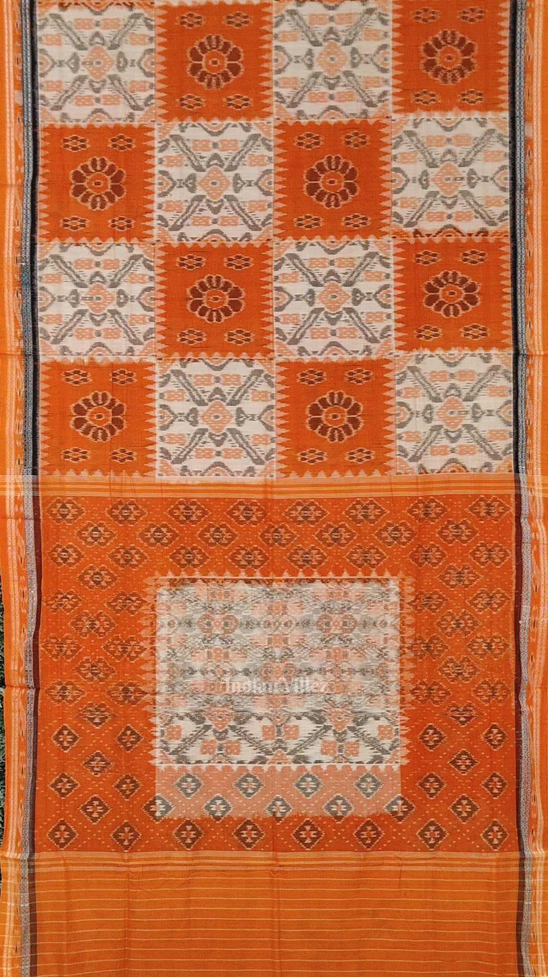 Cream Orange Computer Maniabandha Cotton Saree