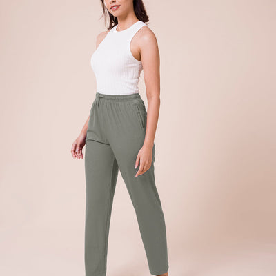 Women Solid Ebony Grey Mid Rise Casual Rib Pants