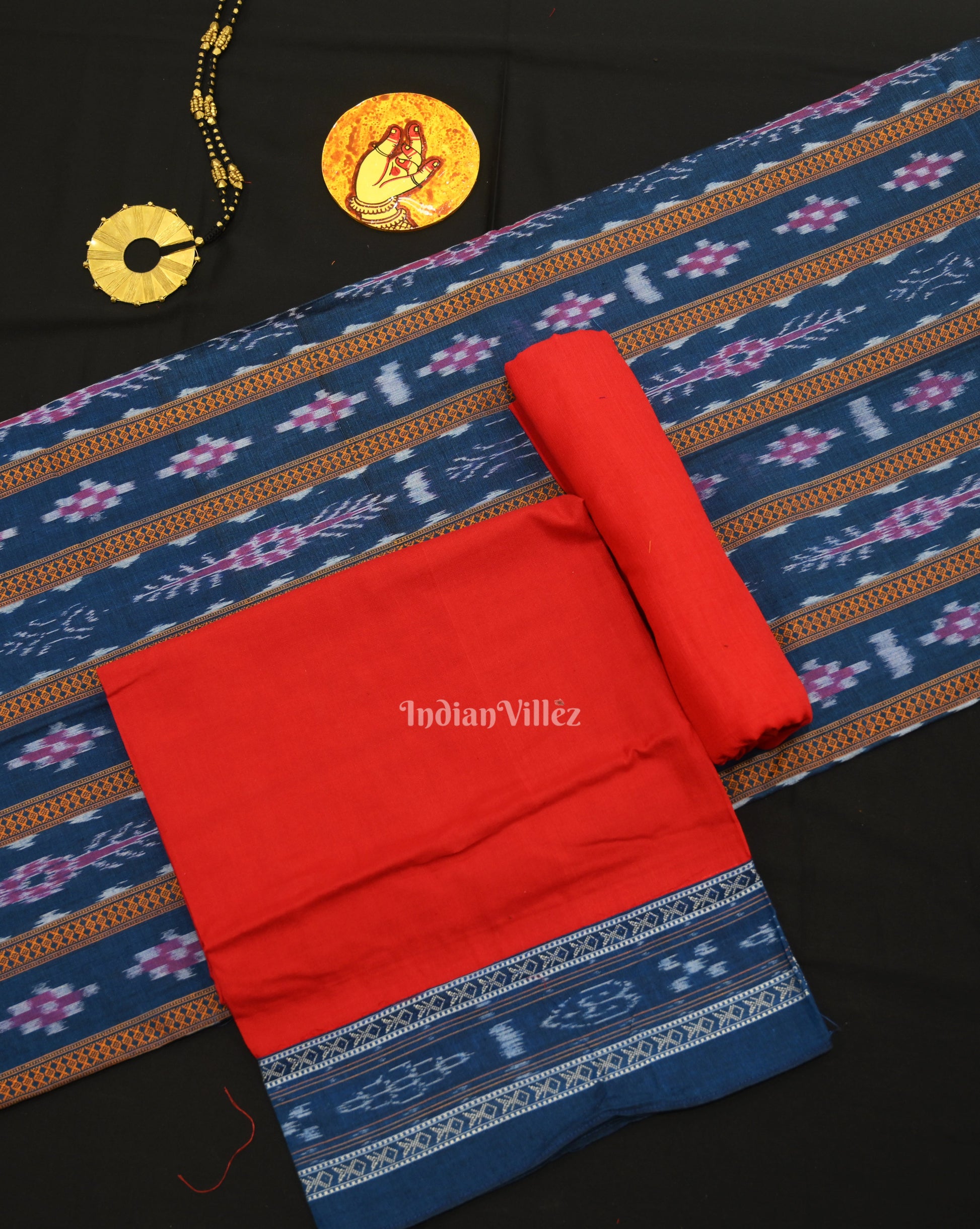 Blue Red Pasapali Sambalpuri Cotton Dress set with Dupatta