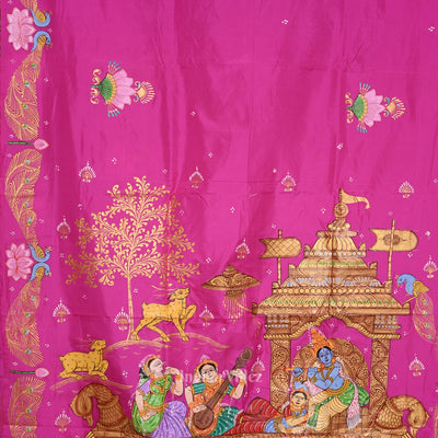 Pink Krishna Boita Theme Hand-Painted Pattachitra Saree