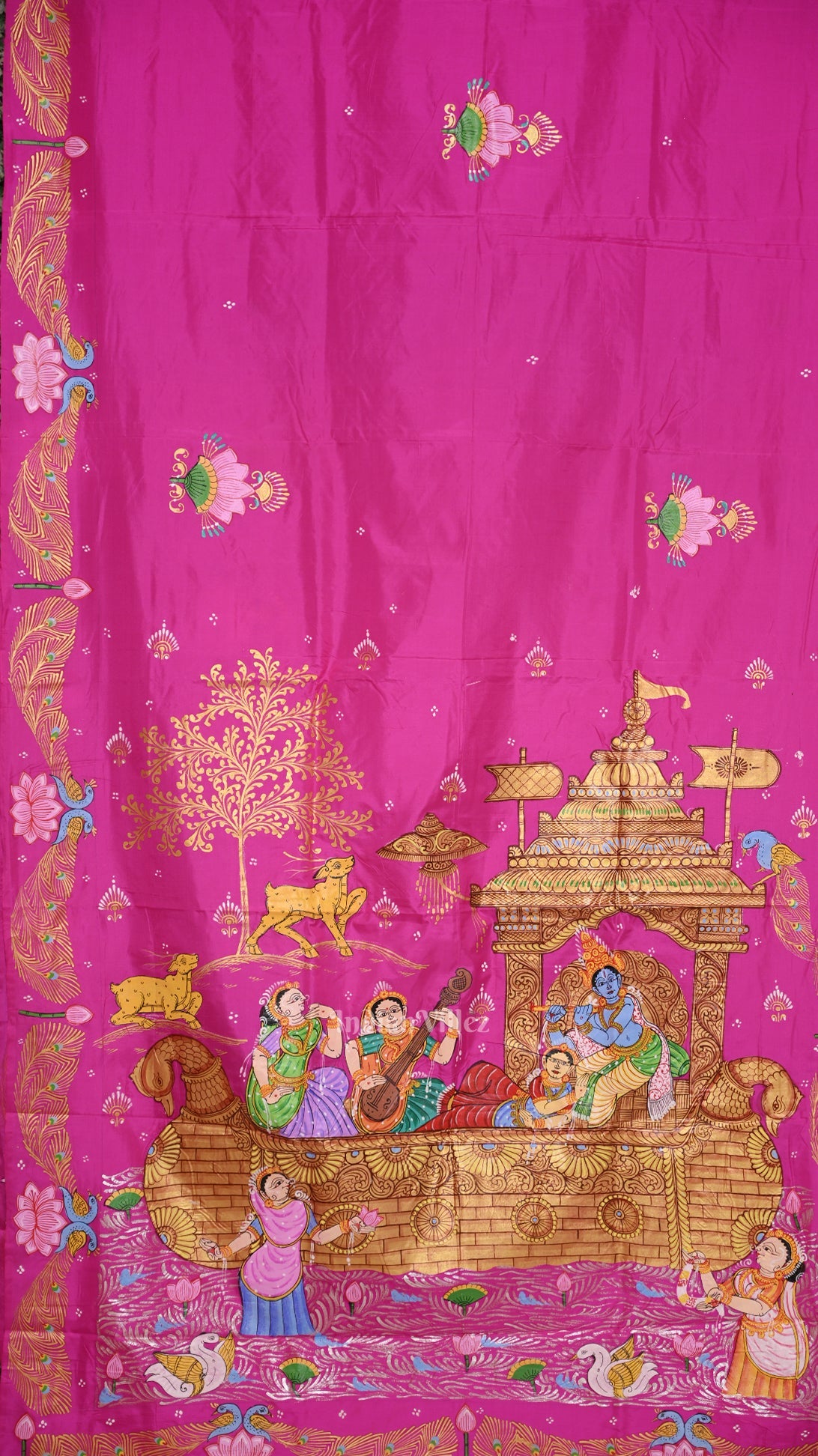 Pink Krishna Boita Theme Hand-Painted Pattachitra Saree
