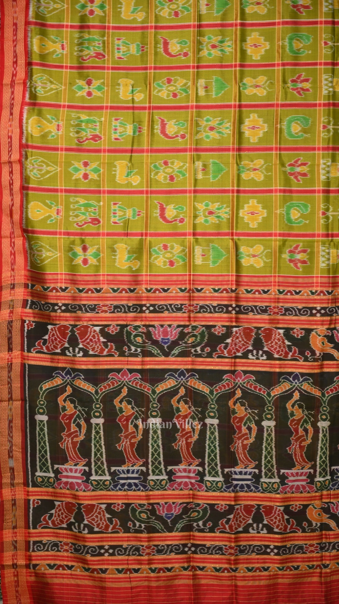Mehendi Green Nabakothi Odisha Ikat Khandua Silk Saree with Nartaki Anchal