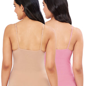Solid High Coverage Round Neck Cotton Camisole (Pack of 2) - Nude - Wild Rose