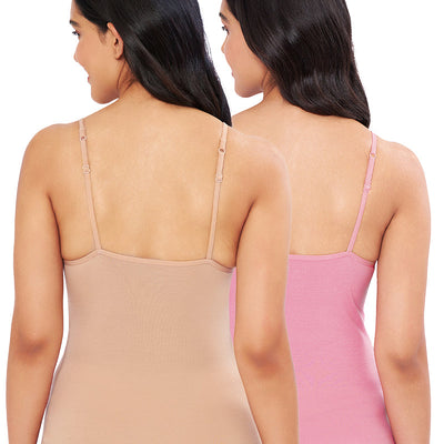 Solid High Coverage Round Neck Cotton Camisole (Pack of 2) - Nude - Wild Rose