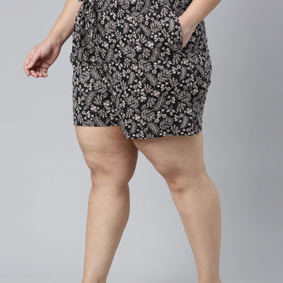 Women Printed Black Mid Rise Woven Viscose Lounge Short
