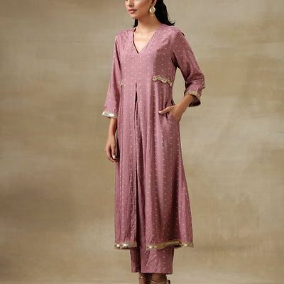 Dark Mauve Bandhani Printed Silk Front Slit Kurta Pant Set | Relove