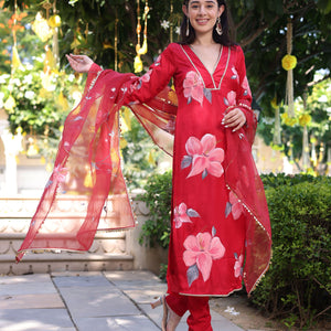 Raspberry Blush Red Handpainted Satin Suit Set