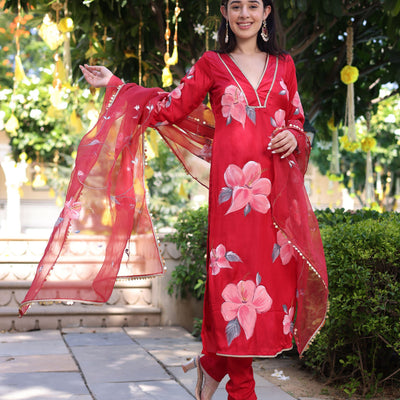 Raspberry Blush Red Handpainted Satin Suit Set