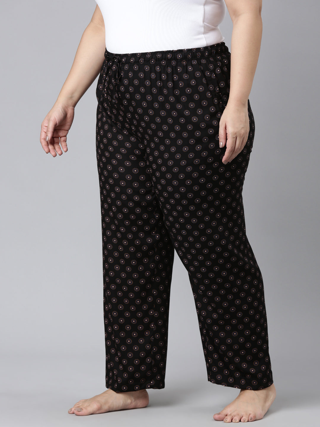 Women Printed Black Woven Viscose Lounge Pants