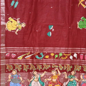 Maroon Nartaki Musical Theme  Hand-Painted Pattachitra Saree