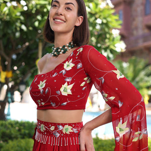 Rutvi Red Handpainted Satin Lehenga Set
