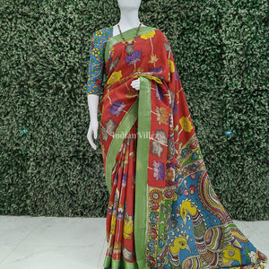 Red With Peacock Anchal Hand-Painted Natural Dye Cotton Kalamkari Saree