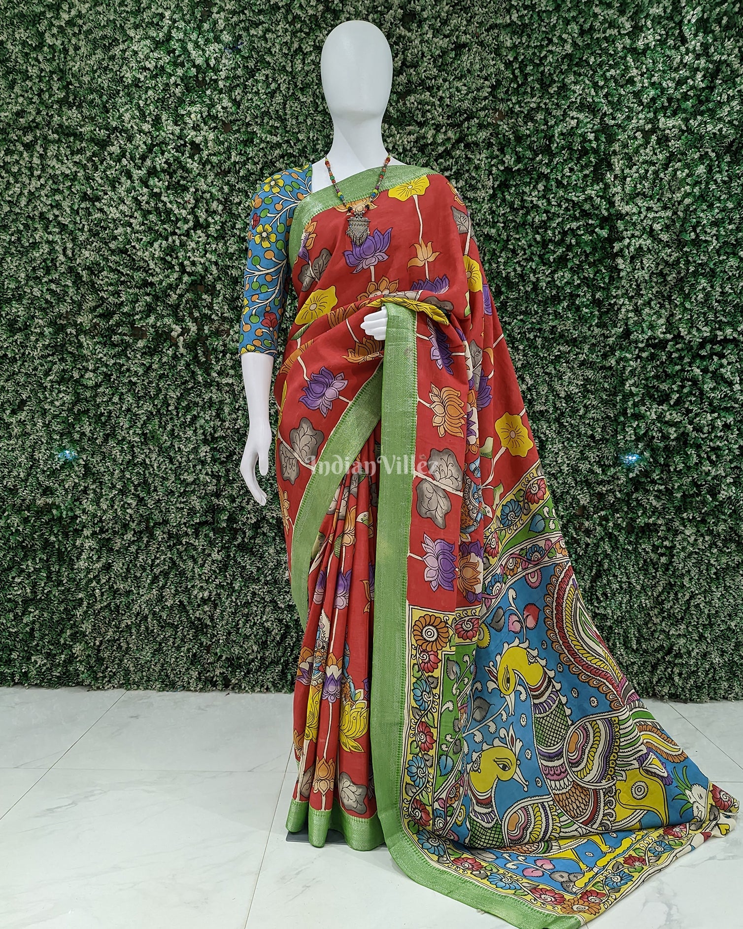 Red With Peacock Anchal Hand-Painted Natural Dye Cotton Kalamkari Saree