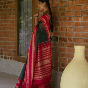 Teal Handloom Korvai Kanchi Cotton Saree With Annam Buttas