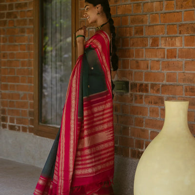 Teal Handloom Korvai Kanchi Cotton Saree With Annam Buttas