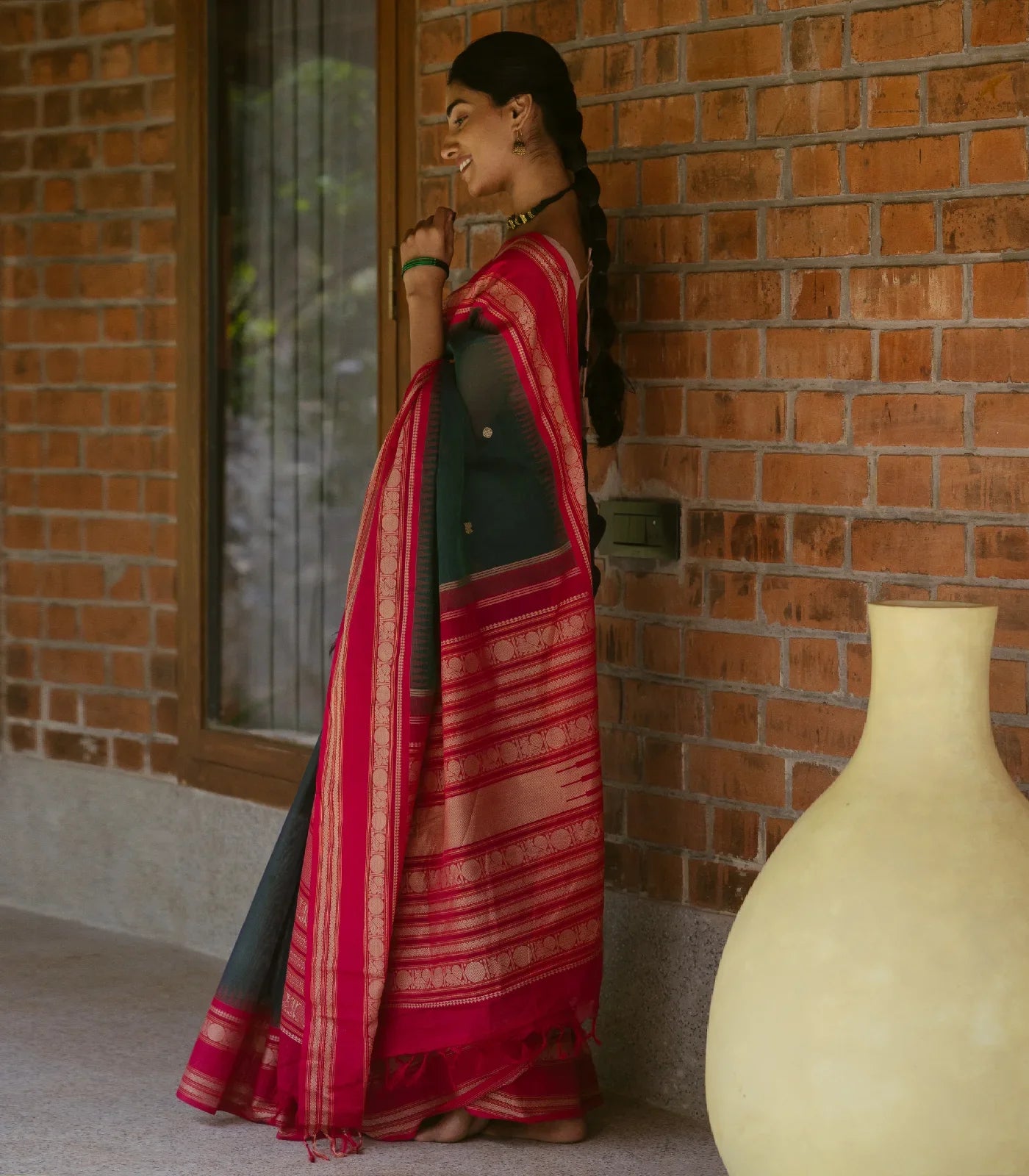 Teal Handloom Korvai Kanchi Cotton Saree With Annam Buttas